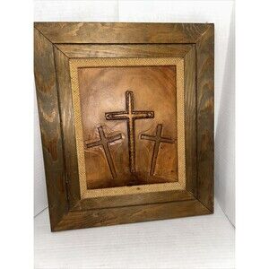 vintage Handmade leather Tooled  cross crucifix framed easter